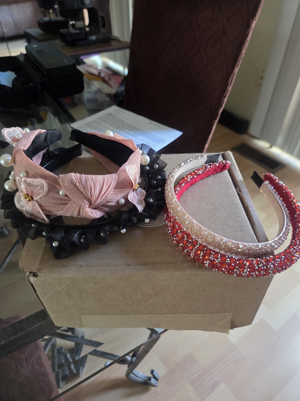 New Embellished Pink Floral, Black Ruffle & Two Crystal Headband Set